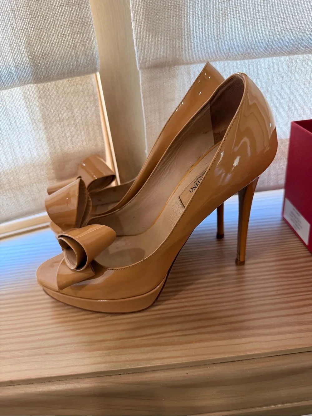 Valentino Garavani Tan Patent Peep-Toe Platform Pumps with Bow